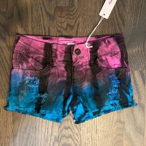 NWT Play Six Girls Shorts, size 5, pink black and blue, raw edge hem, distressed